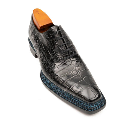 Black Grey Crocodile Oxford Shoes Goodyear Norwegian 8018