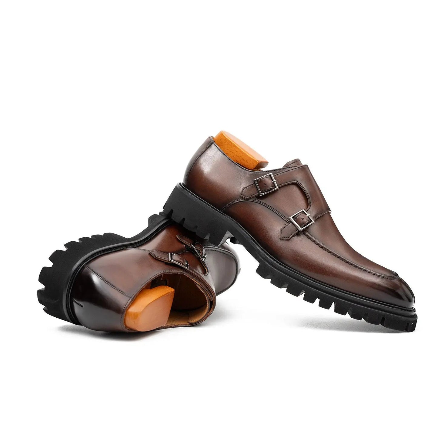Brown Double Monk Strap Leather Shoes