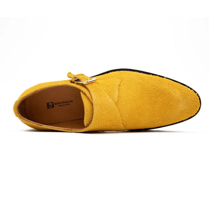 Lemon Yellow Cow Suede Monk Strap Shoes