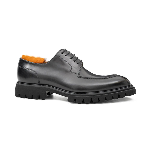 Men's Classic Black Derby Leather Shoes with Lug Sole