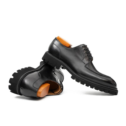 Men's Classic Black Derby Leather Shoes with Lug Sole