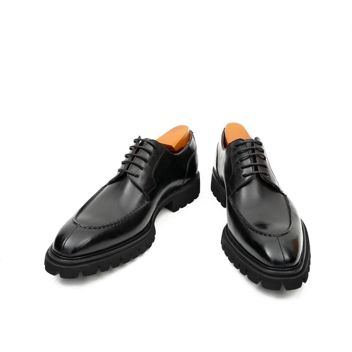 Men's Classic Black Derby Leather Shoes with Lug Sole