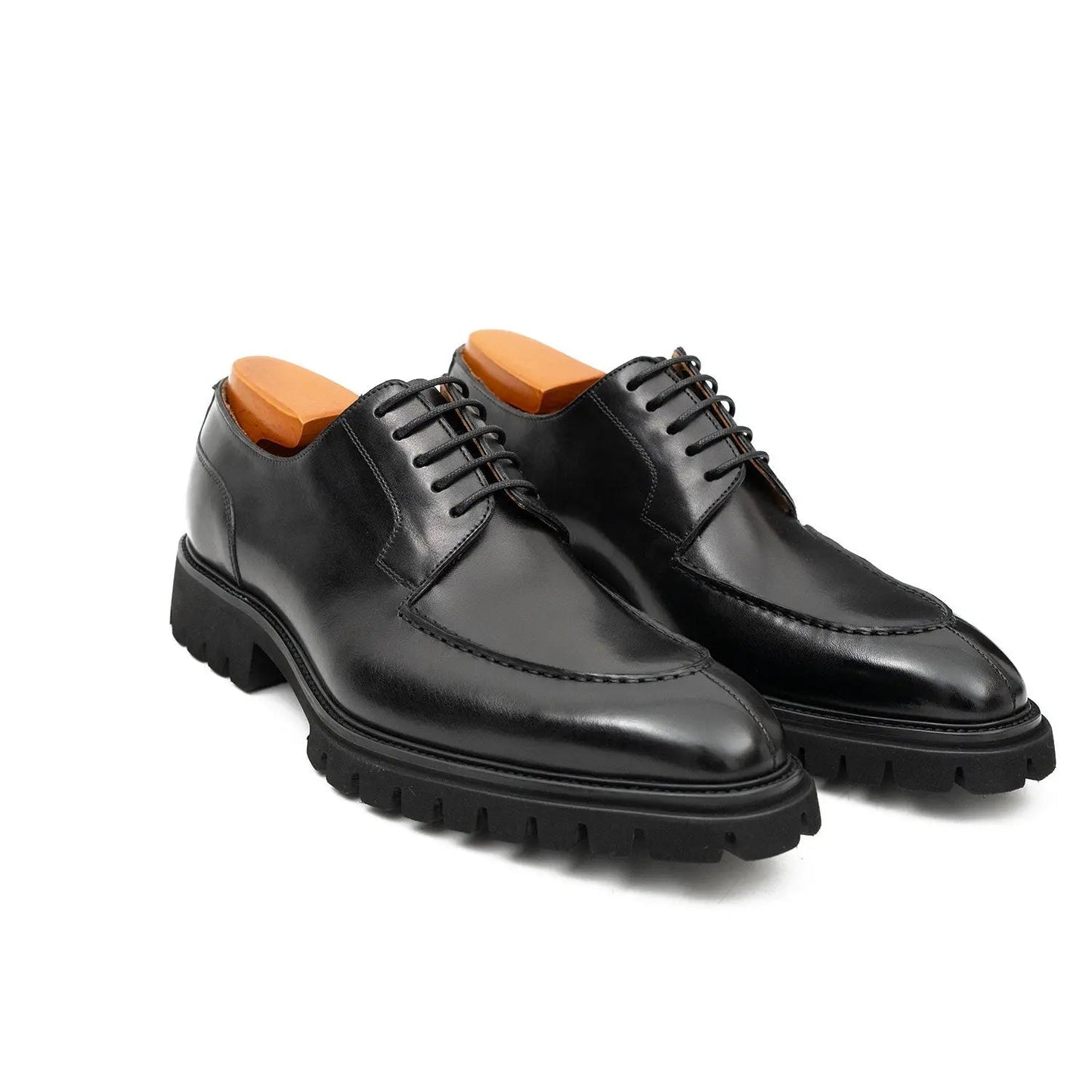 Men's Classic Black Derby Leather Shoes with Lug Sole