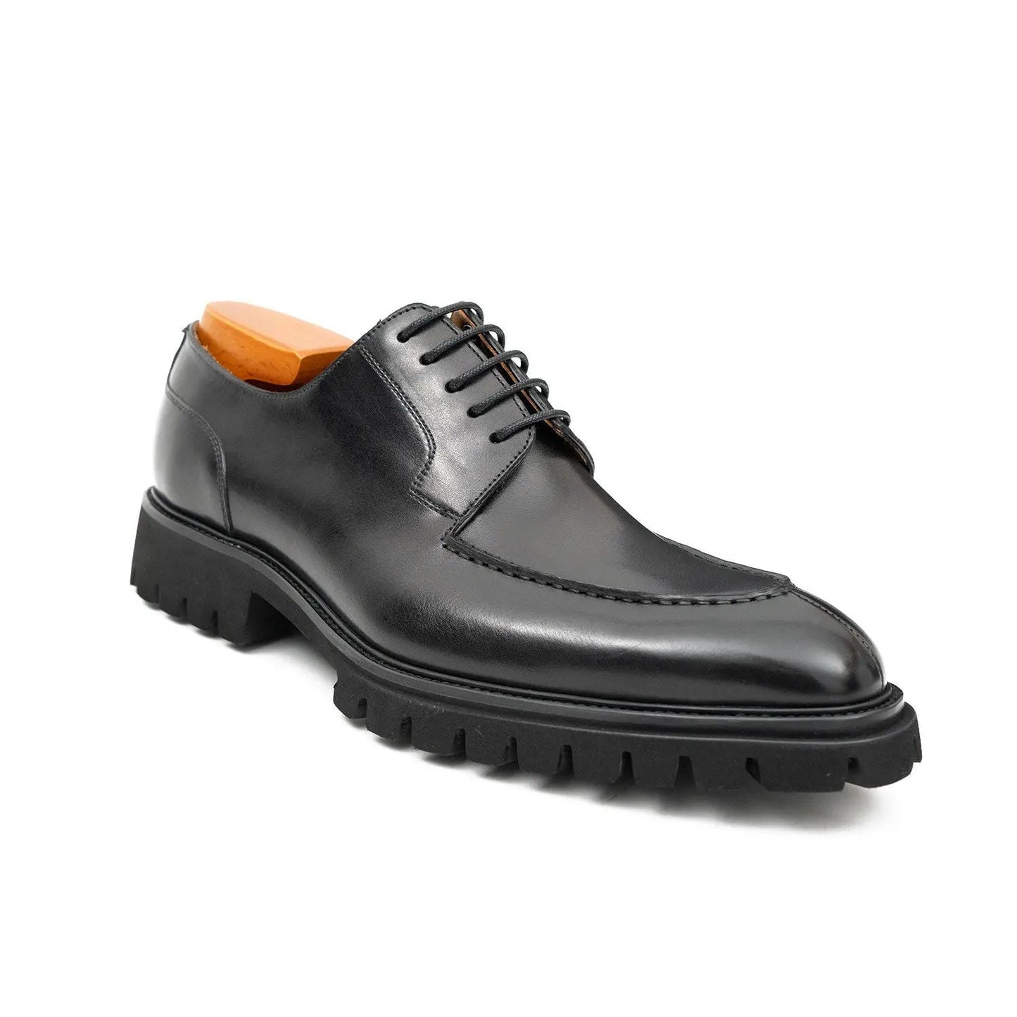 Men's Classic Black Derby Leather Shoes with Lug Sole