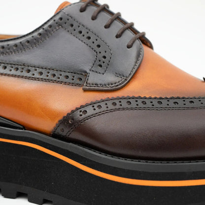 Thick-soled calfskin formal brogue derby shoes Blue